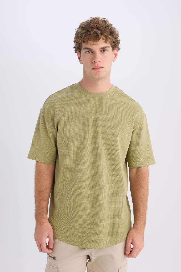 Boxy Fit Crew Neck Short Sleeve Basic Waffle T-Shirt