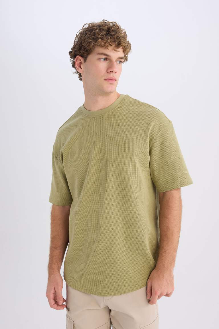 Boxy Fit Crew Neck Short Sleeve Basic Waffle T-Shirt