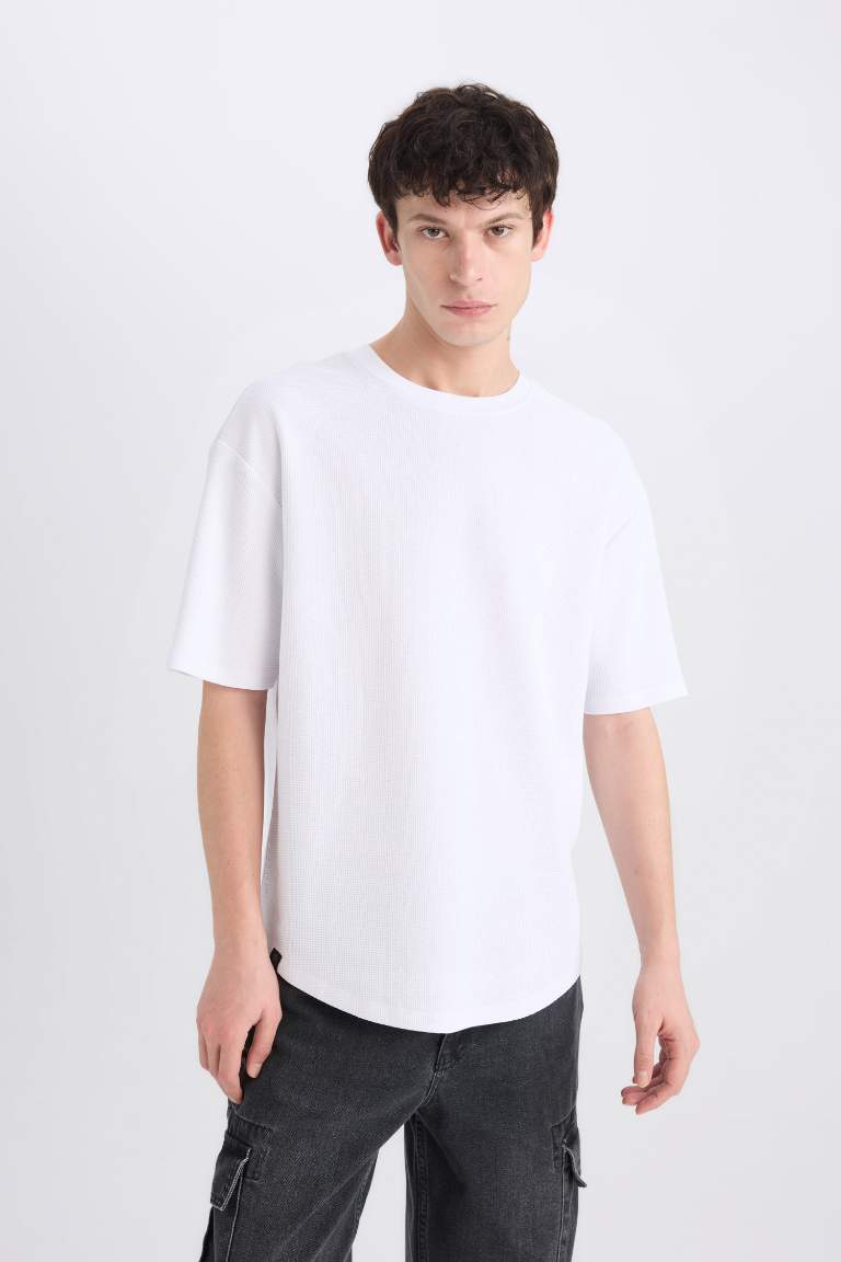 Boxy Fit Crew Neck Short Sleeve Basic Waffle T-Shirt