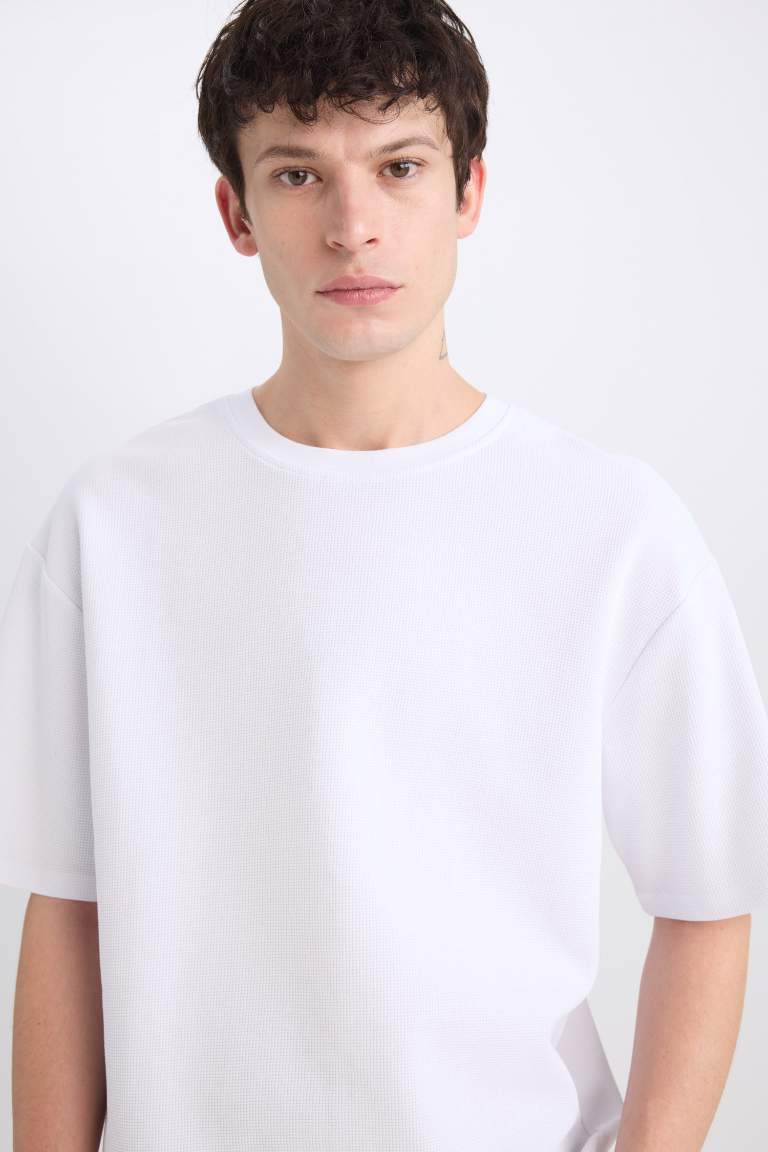 Boxy Fit Crew Neck Short Sleeve Basic Waffle T-Shirt