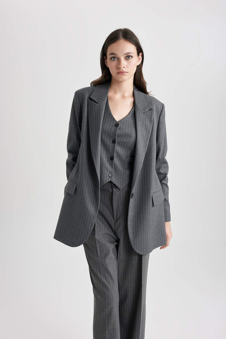 Grey WOMAN Oversize Fit Striped Woven Blazer 2955585 | DeFacto