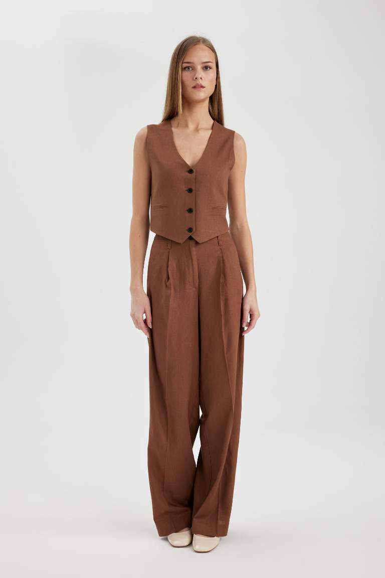 Wide Leg High Waist Standard Length Linen Blend Trousers