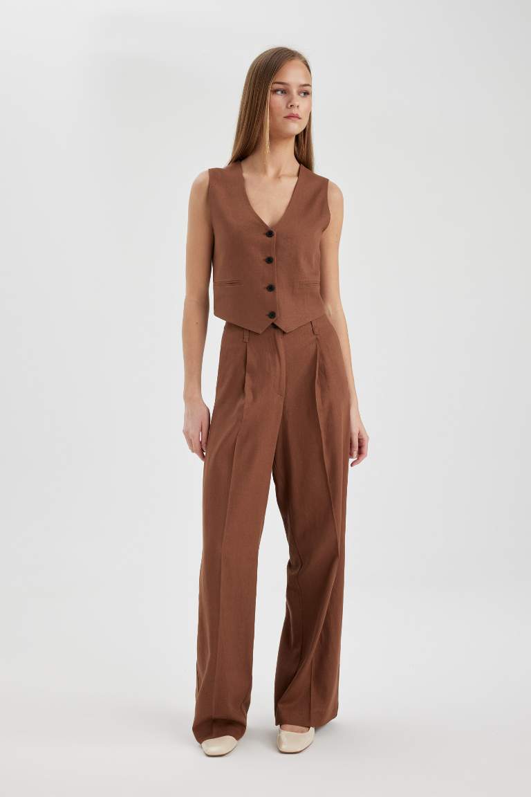 Wide Leg High Waist Standard Length Linen Blend Trousers