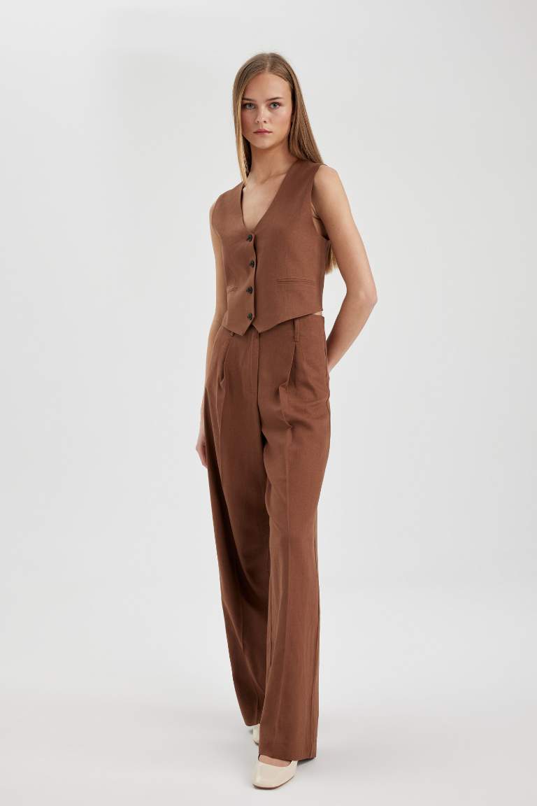 Wide Leg High Waist Standard Length Linen Blend Trousers