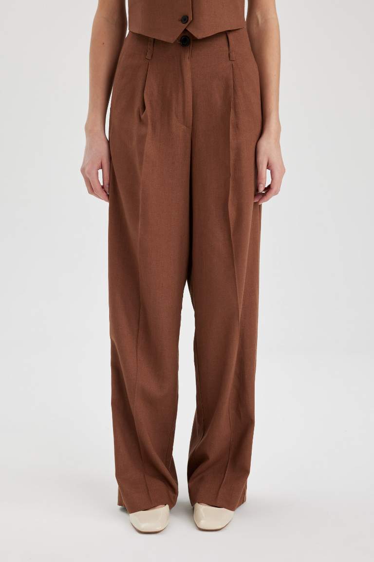 Wide Leg High Waist Standard Length Linen Blend Trousers