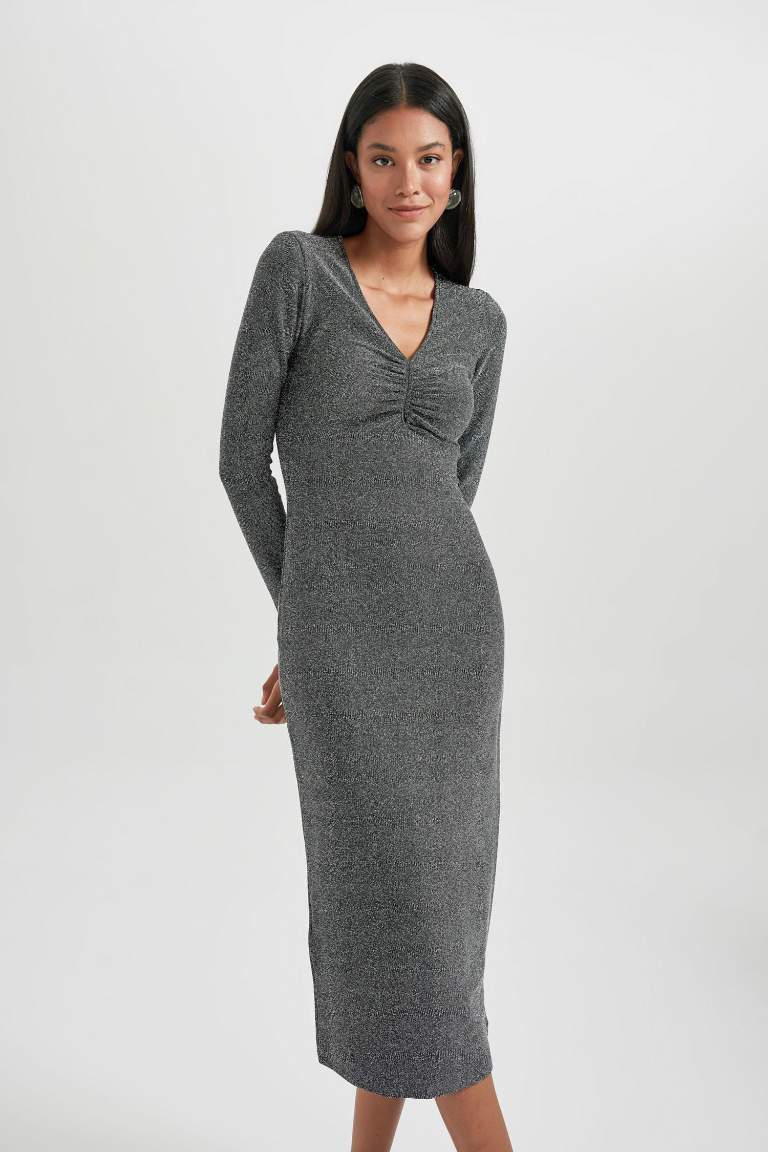 Robe Midi Bodycon à Manches Longues Col En V