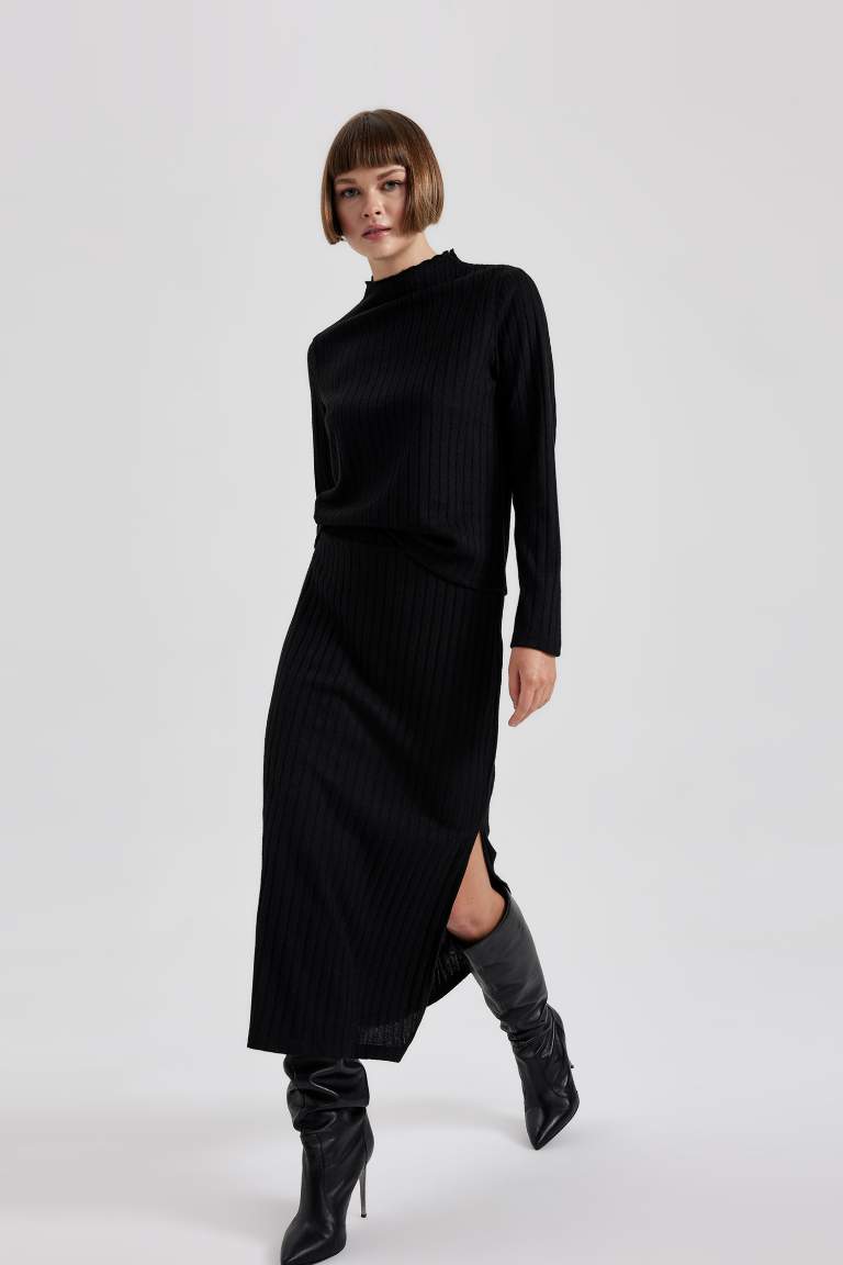 Straight Fit Normal Yırtmaçlı Bel Fitilli Kaşkorse Midi Etek