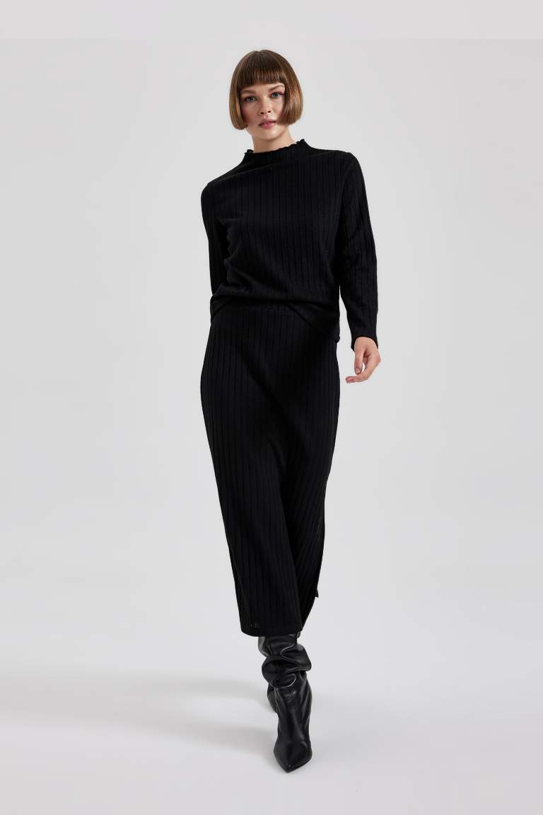 Straight Fit Normal Yırtmaçlı Bel Fitilli Kaşkorse Midi Etek