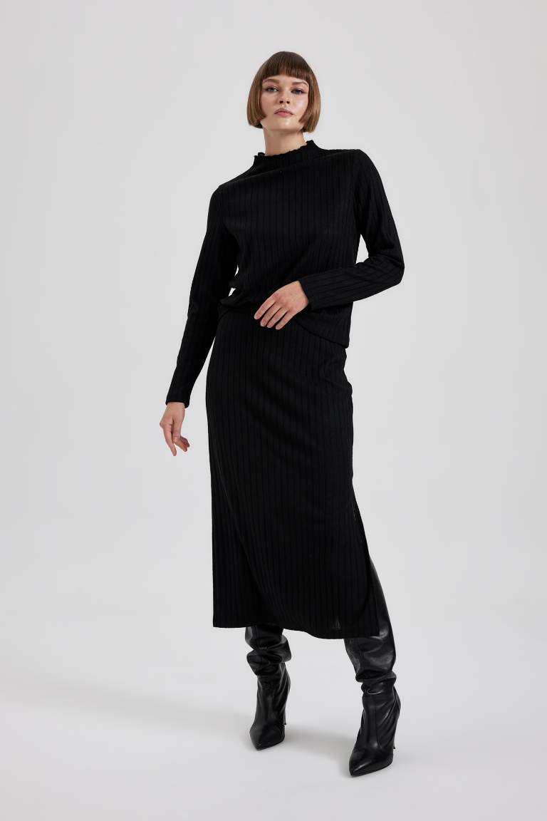 Straight Fit Normal Yırtmaçlı Bel Fitilli Kaşkorse Midi Etek