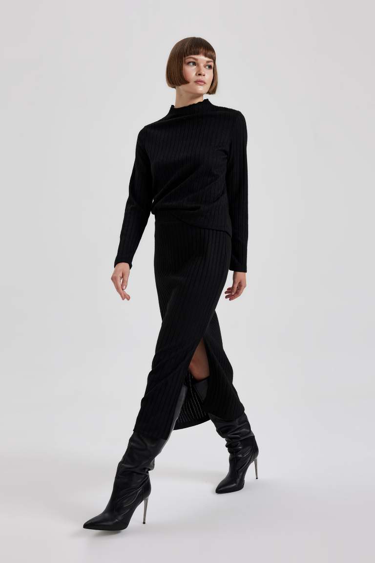 Straight Fit Normal Yırtmaçlı Bel Fitilli Kaşkorse Midi Etek
