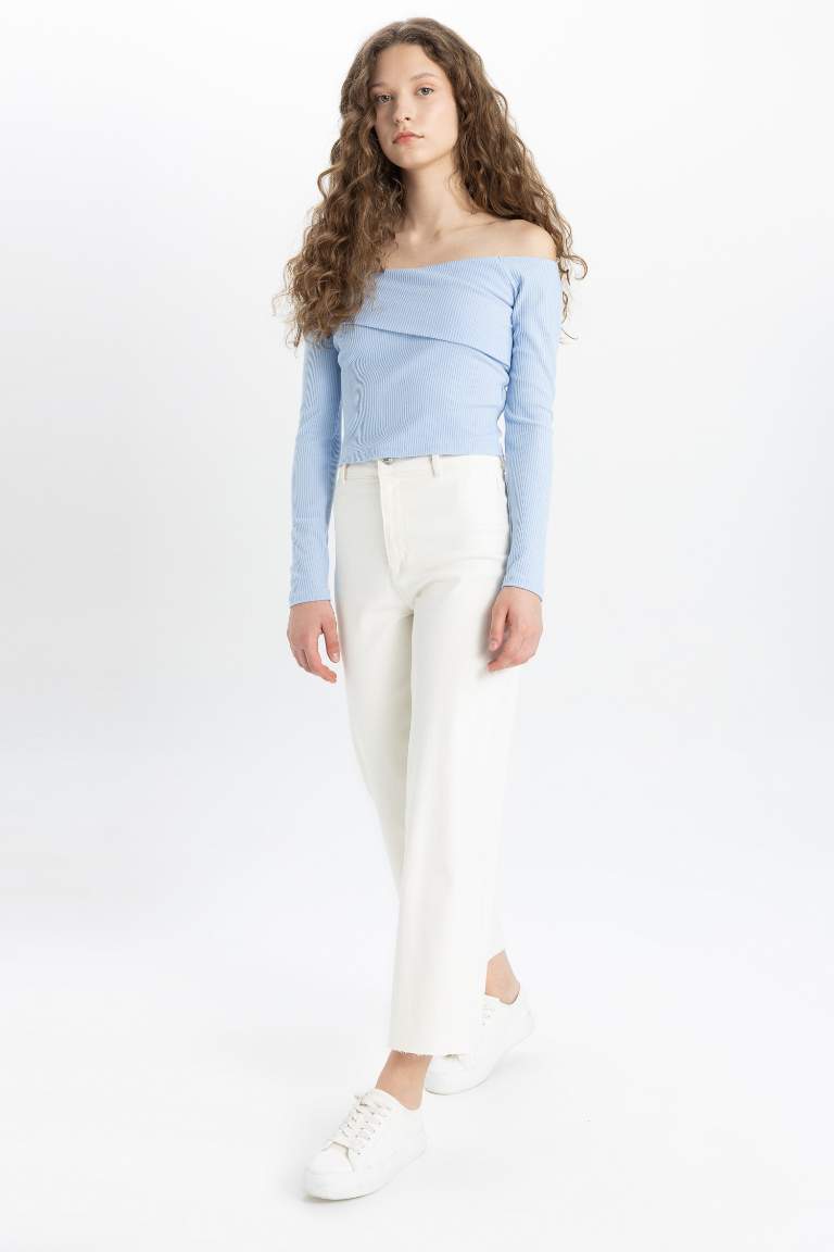 Pantalon jean blanc à Taille Haute et à Longueur de Cheville