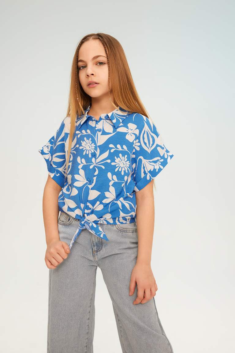 Girl Short Sleeve Patterned Crop Shirt