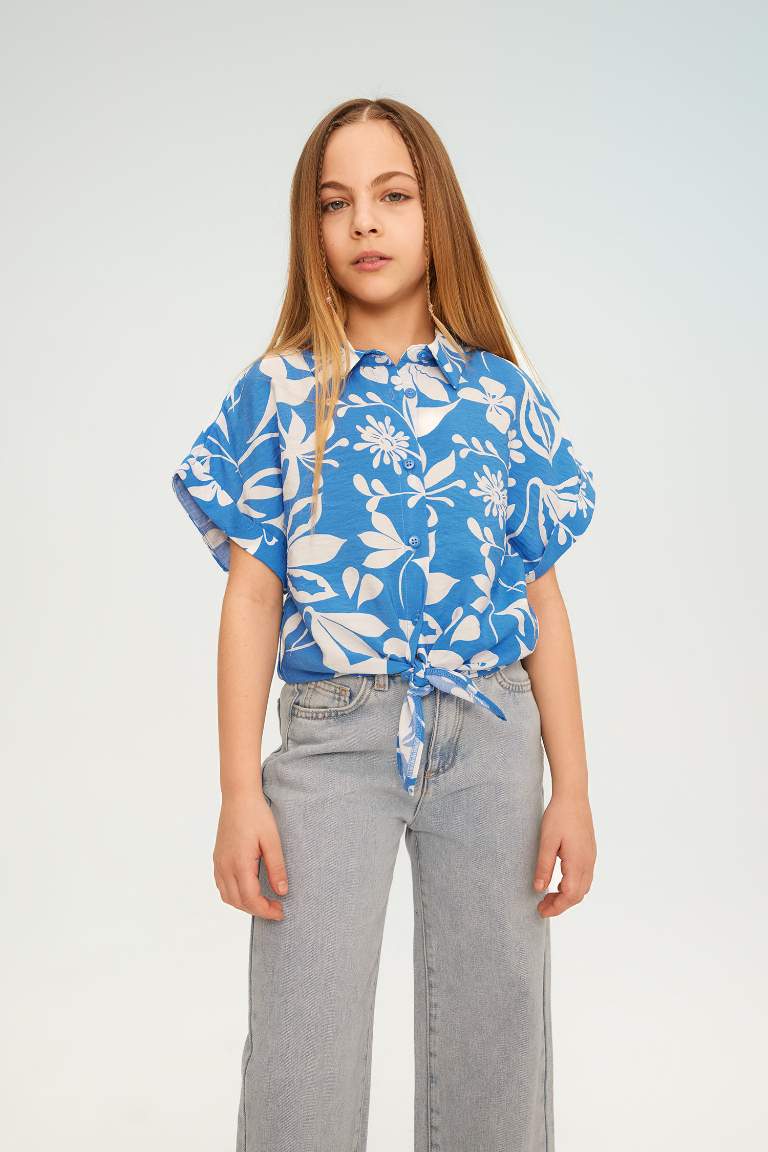 Girl Short Sleeve Patterned Crop Shirt