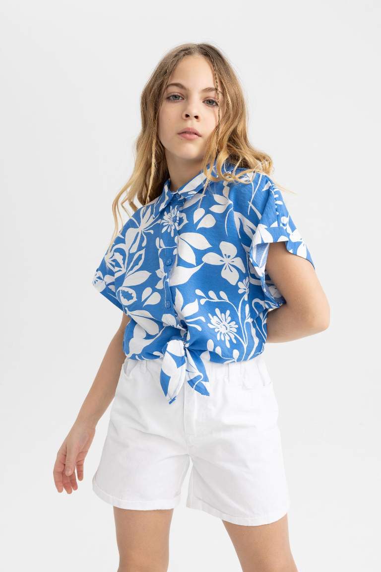 Girl Short Sleeve Patterned Crop Shirt