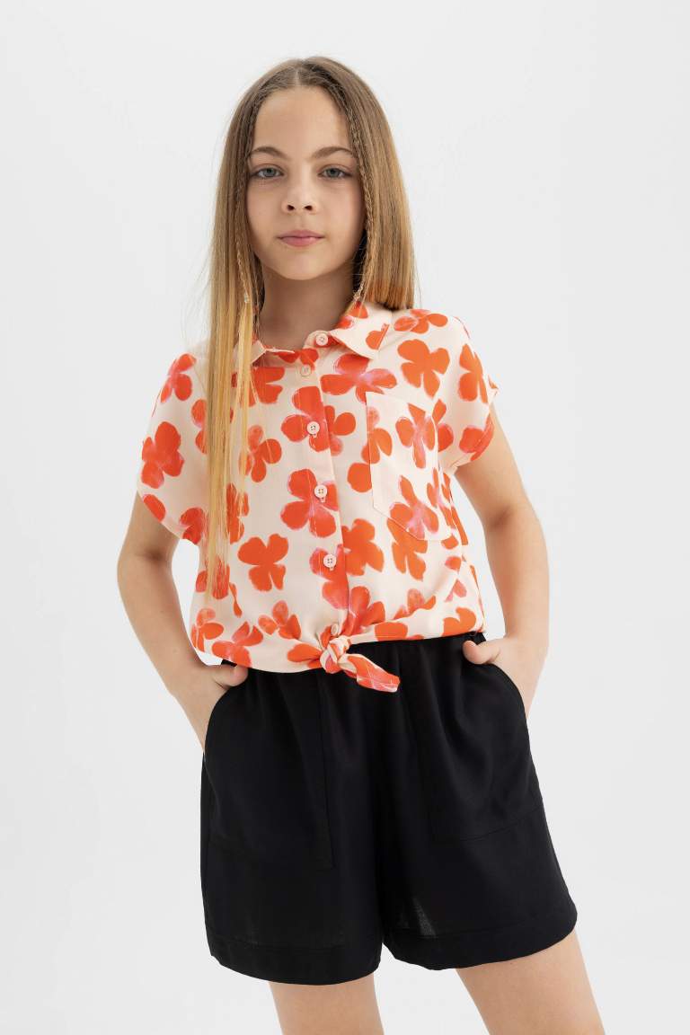 Girl Patterned Short Sleeve Crop Shirt