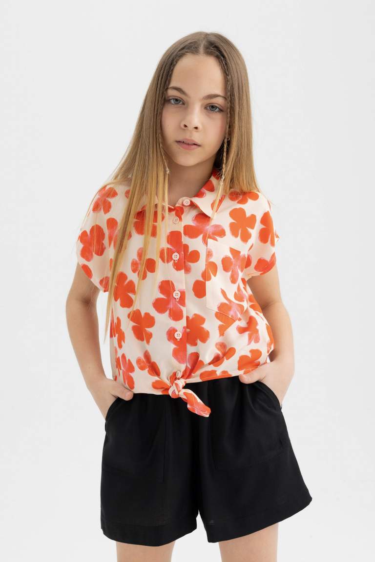 Girl Patterned Short Sleeve Crop Shirt