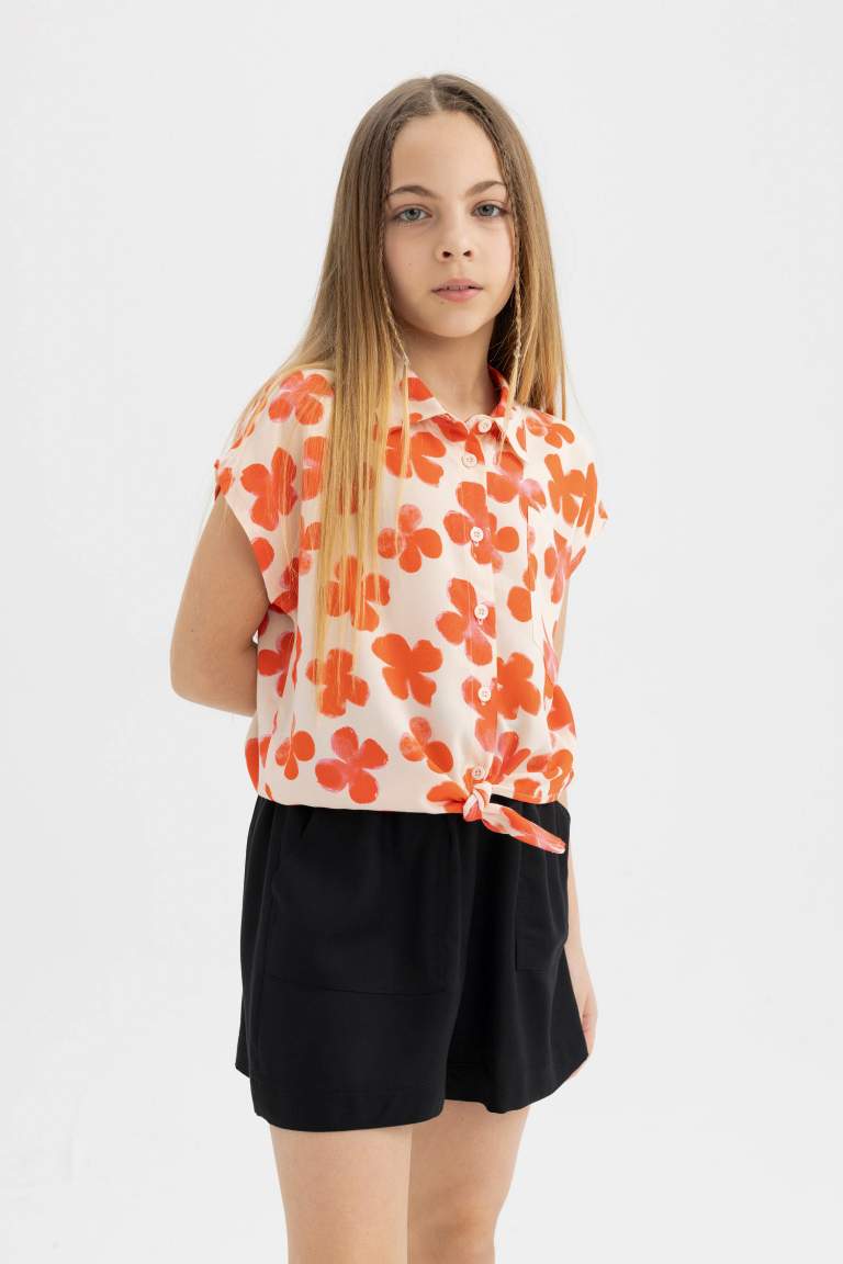 Girl Patterned Short Sleeve Crop Shirt