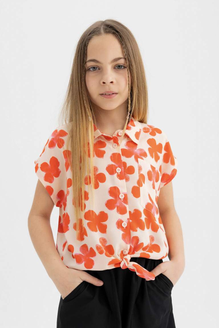 Girl Patterned Short Sleeve Crop Shirt