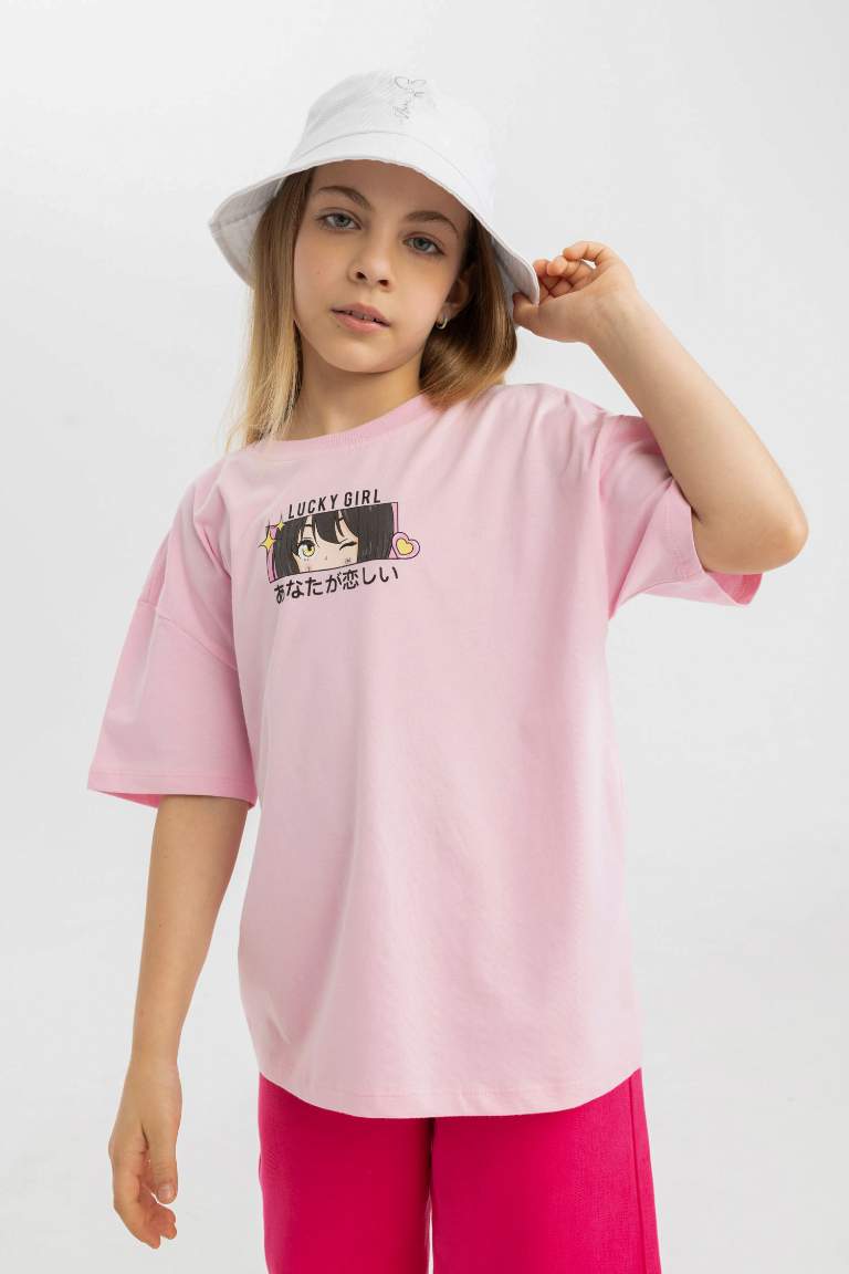 T-Shirt Oversize à Manches Courtes à Col Rond imprimé dans le Dos pour Fille