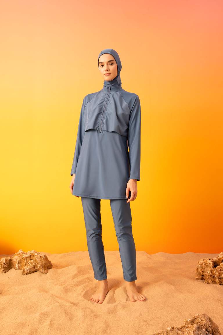 Regular Fit 4'lü Basic Düz Burkini Tesettür Mayo Takım