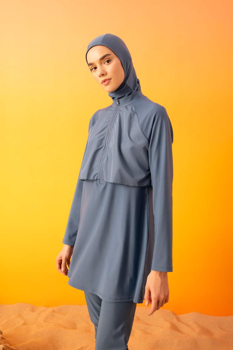 Regular Fit 4'lü Basic Düz Burkini Tesettür Mayo Takım