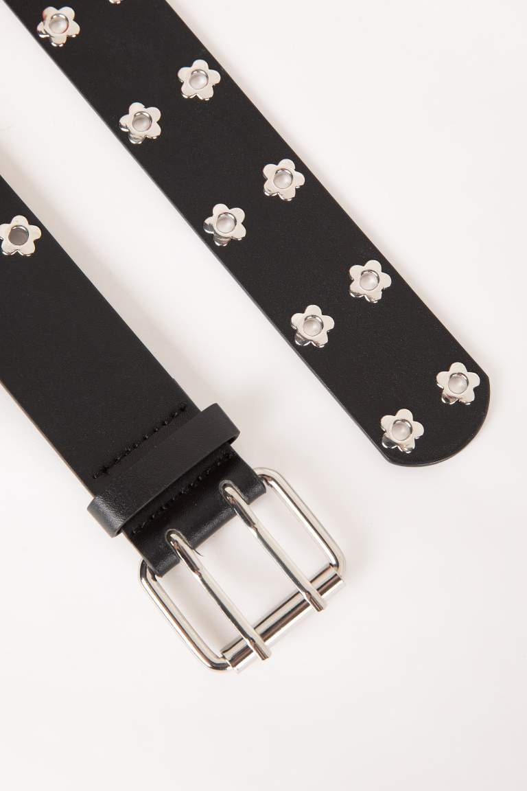 Woman Faux Leather Flower Studded Classic Belt