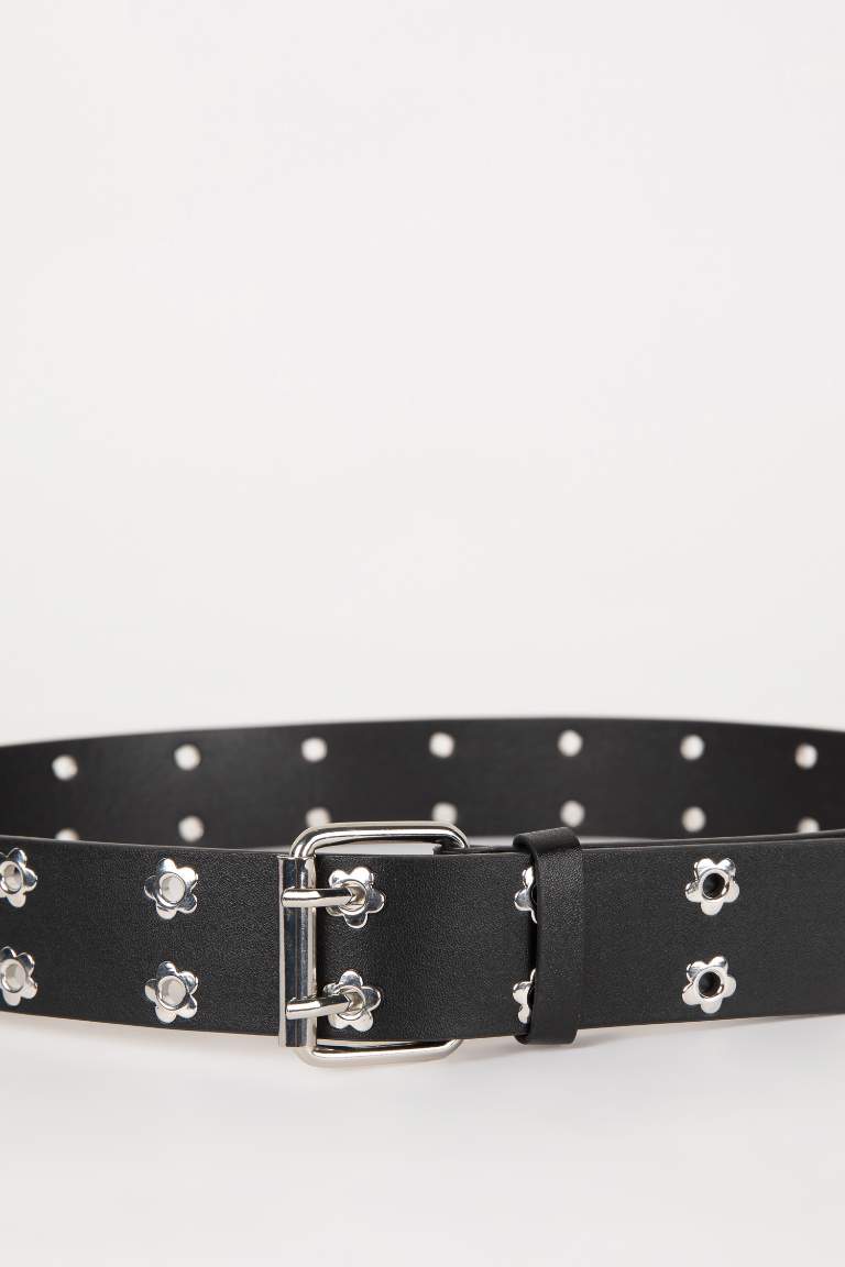 Woman Faux Leather Flower Studded Classic Belt