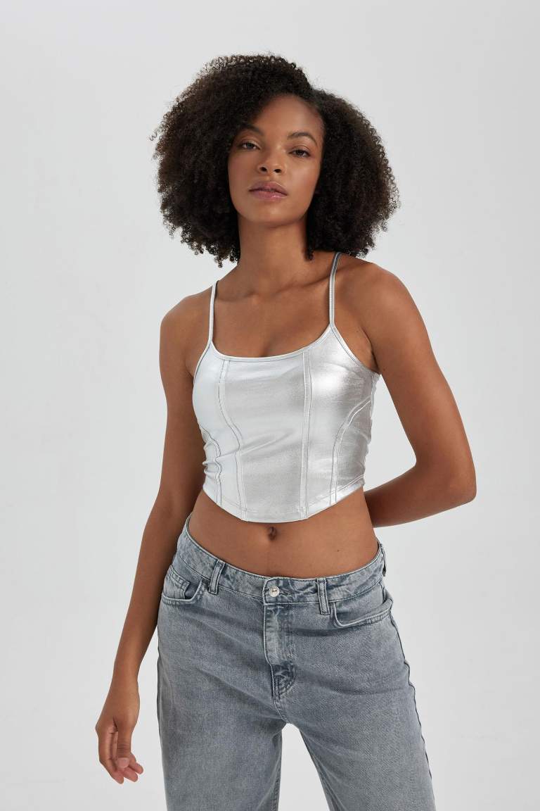 Fitted U Yaka Crop Parlak Askılı Atlet