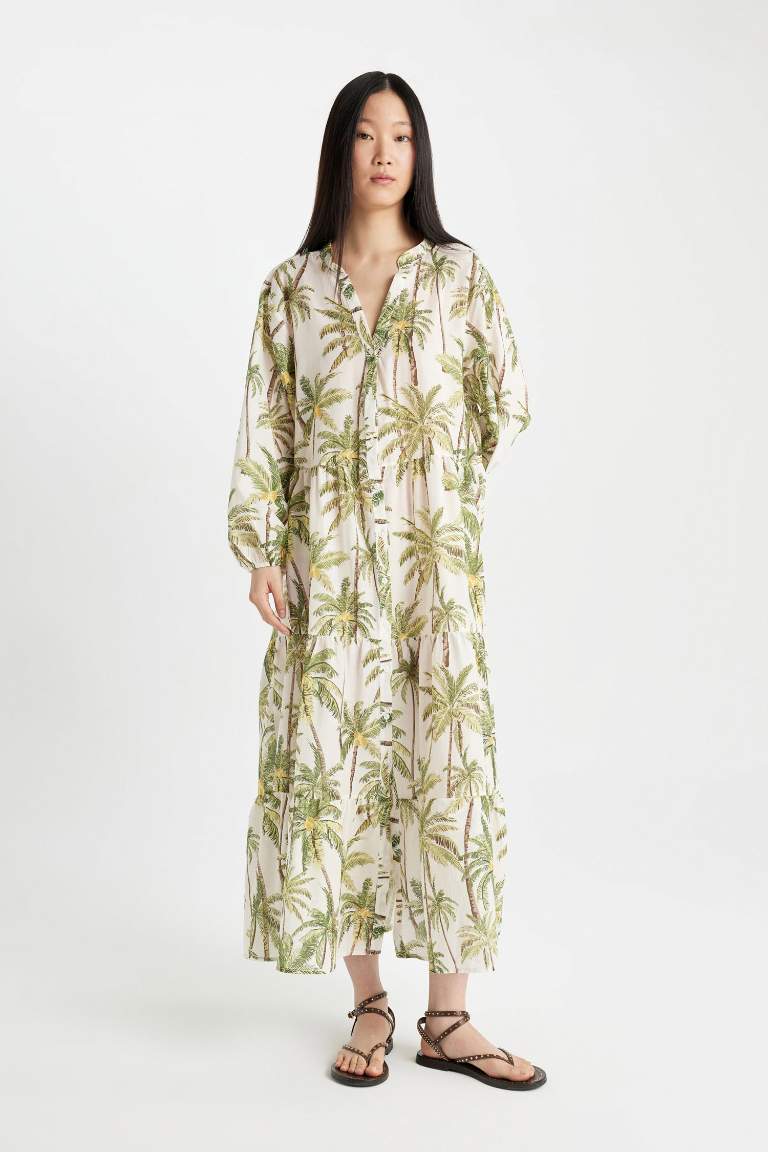 Fall in Love Patterned Long Sleeve Maxi Beach Dress