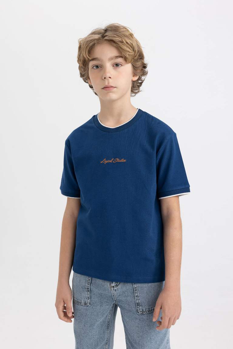 Boy Crew Neck Embroidered Pique Short Sleeve T-Shirt