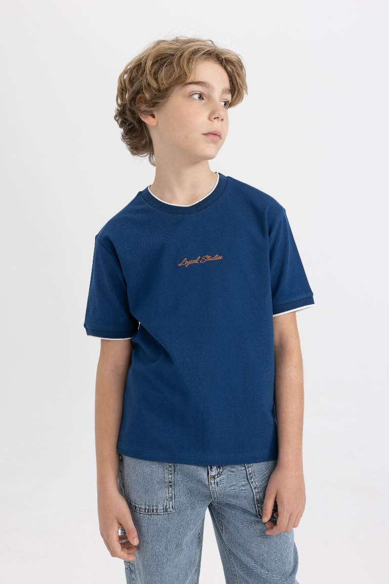 Boy Crew Neck Embroidered Pique Short Sleeve T-Shirt