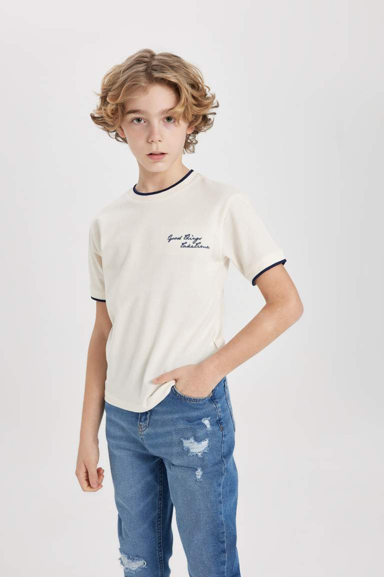 Boy Crew Neck Embroidered Pique Short Sleeve T-Shirt