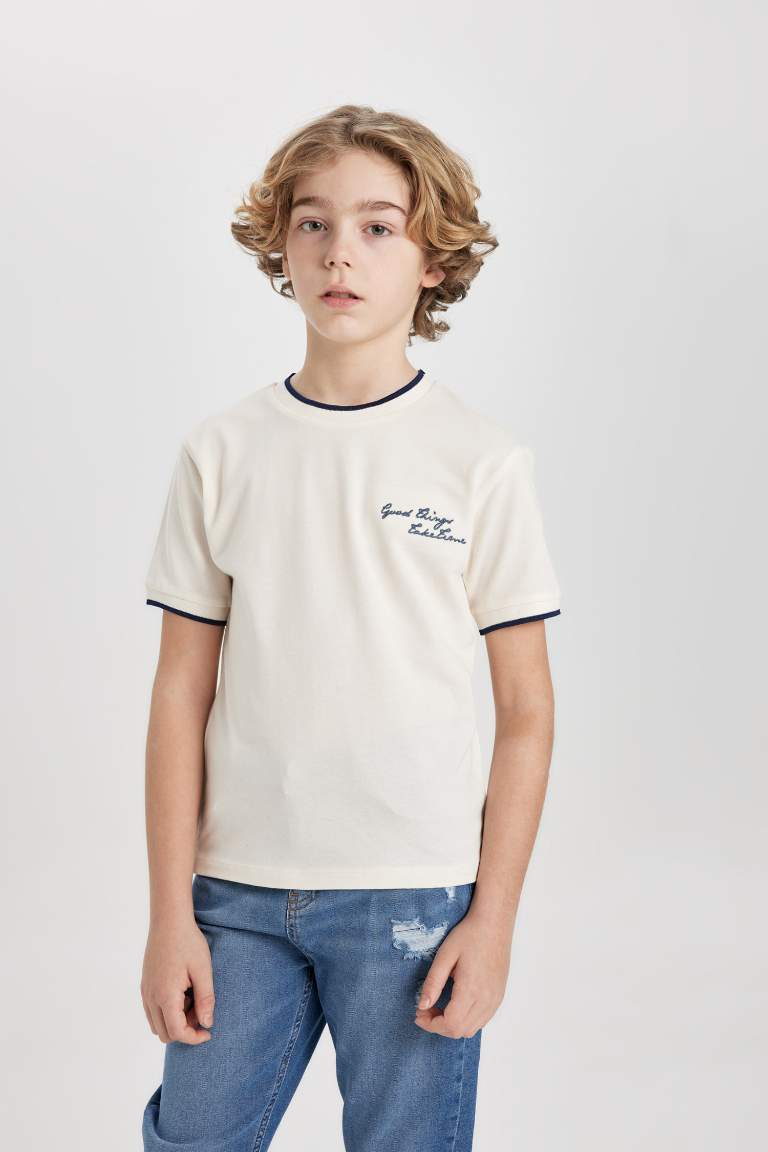 Boy Crew Neck Embroidered Pique Short Sleeve T-Shirt