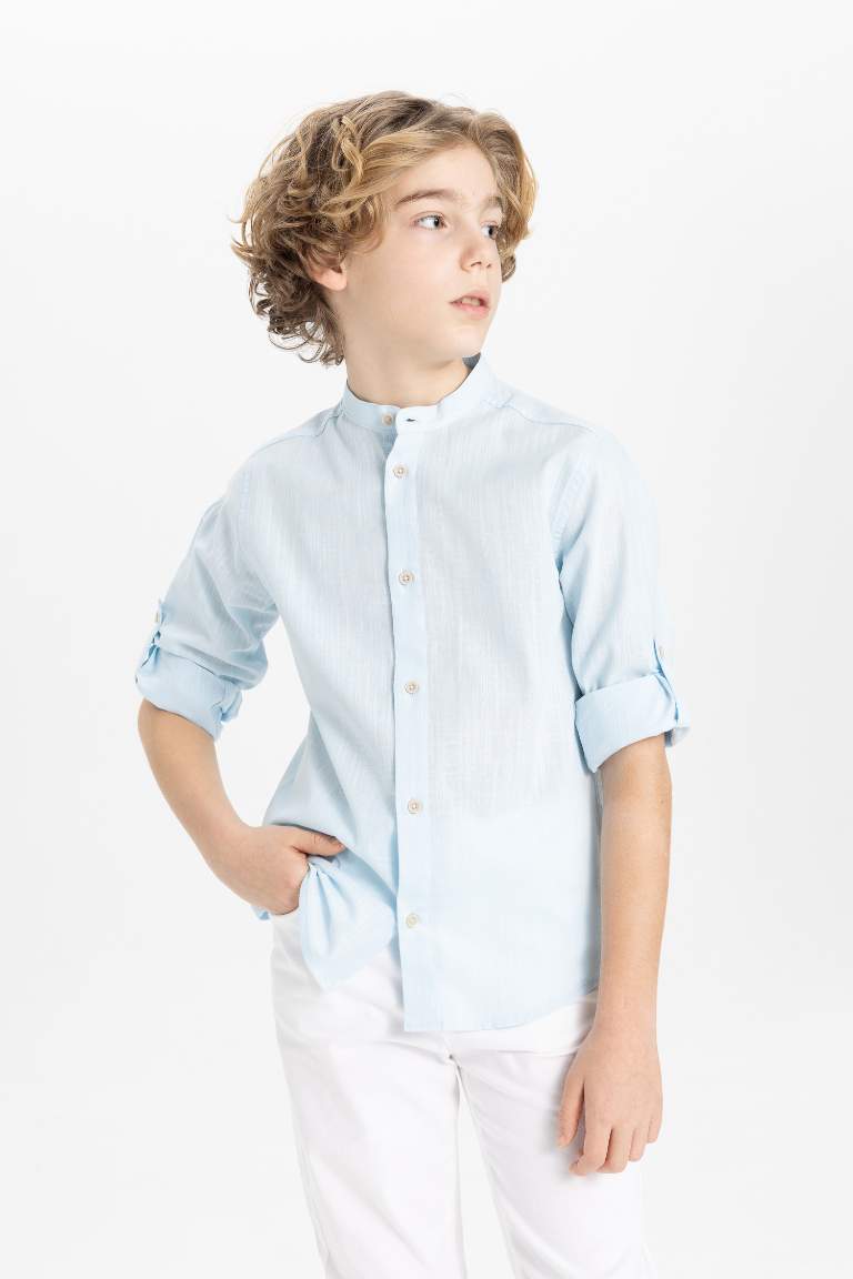 Boy Regular Fit Stand Collar Long Sleeve Shirt