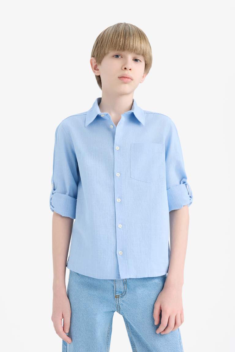 Boy Polo Collar Linen Look Long Sleeve Shirt