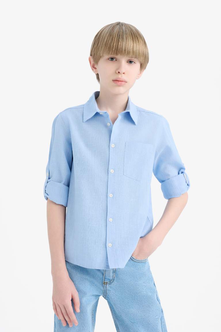 Boy Polo Collar Linen Look Long Sleeve Shirt