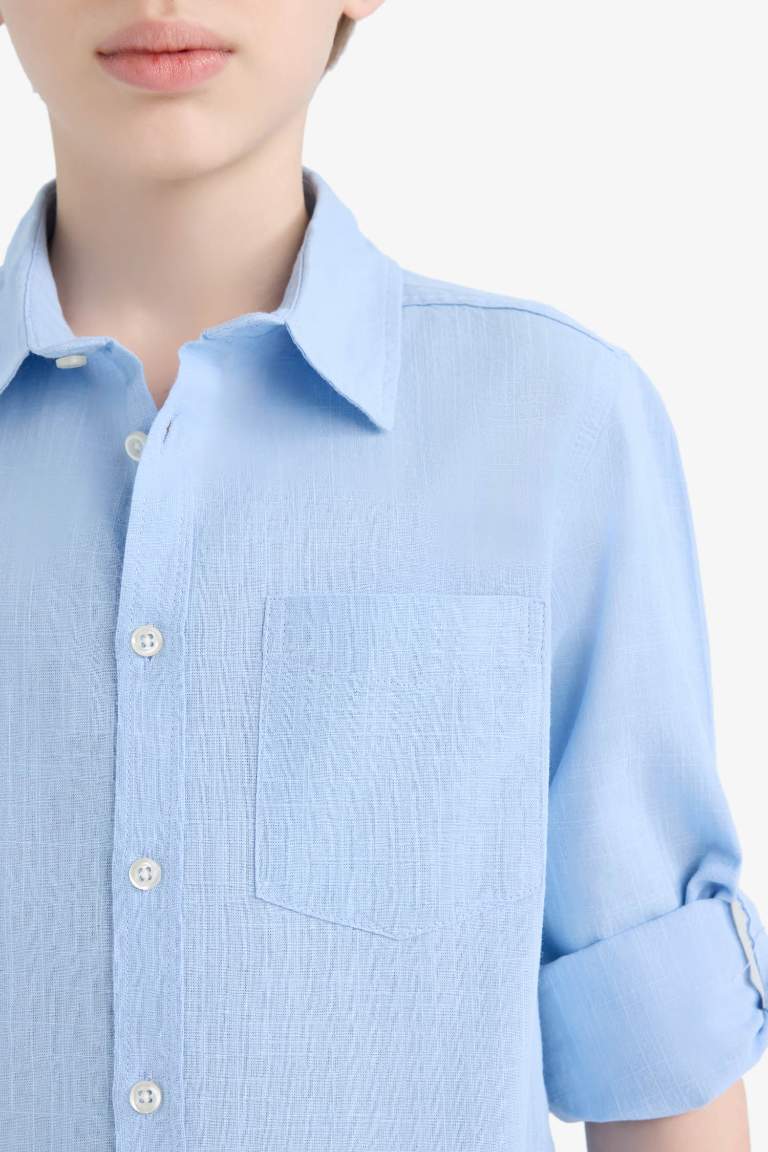 Boy Polo Collar Linen Look Long Sleeve Shirt