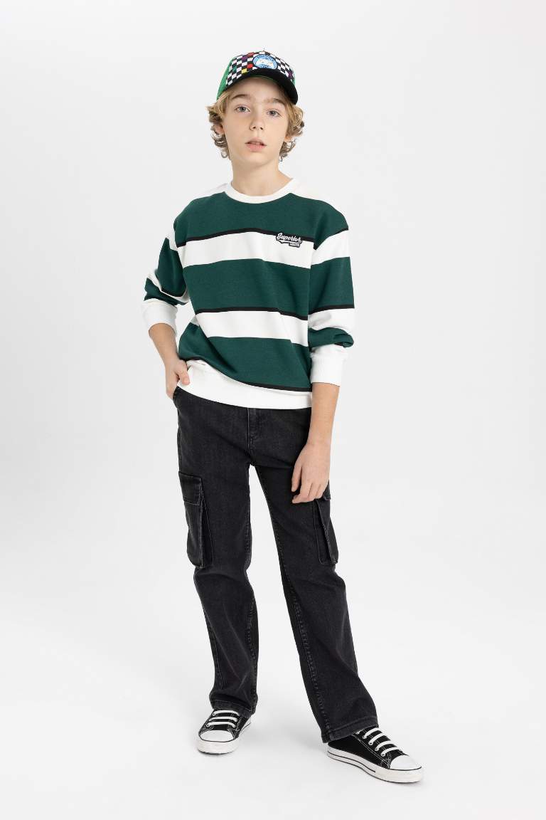 Boy Oversize Fit Crew Neck Striped Sweatshirt