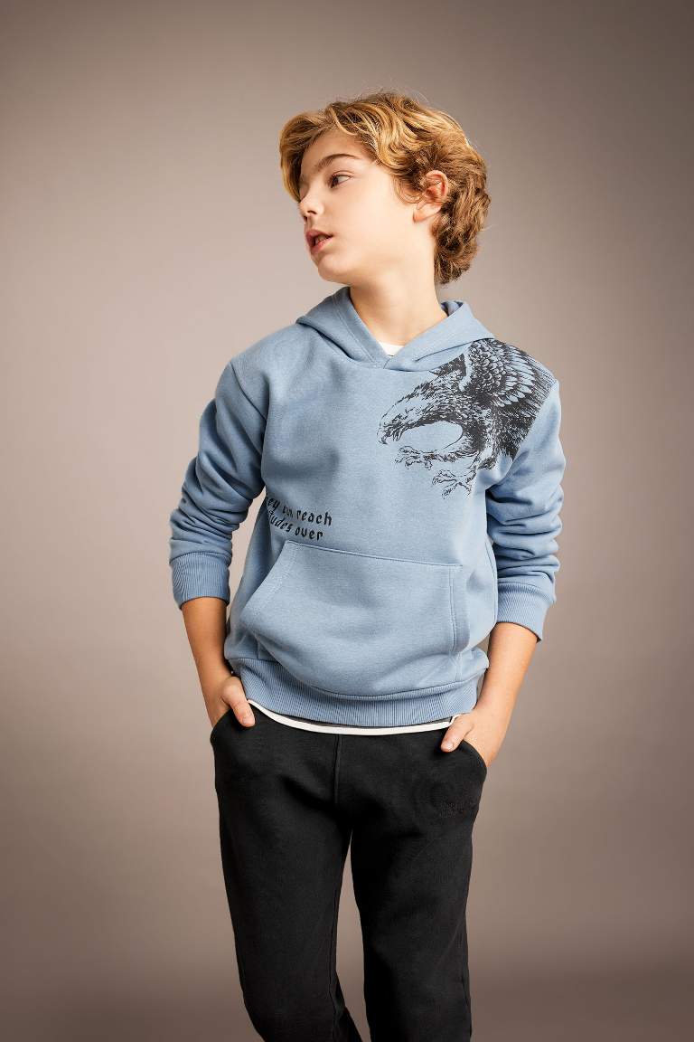 Erkek Çocuk Baskılı Kapüşonlu Kalın Sweatshirt