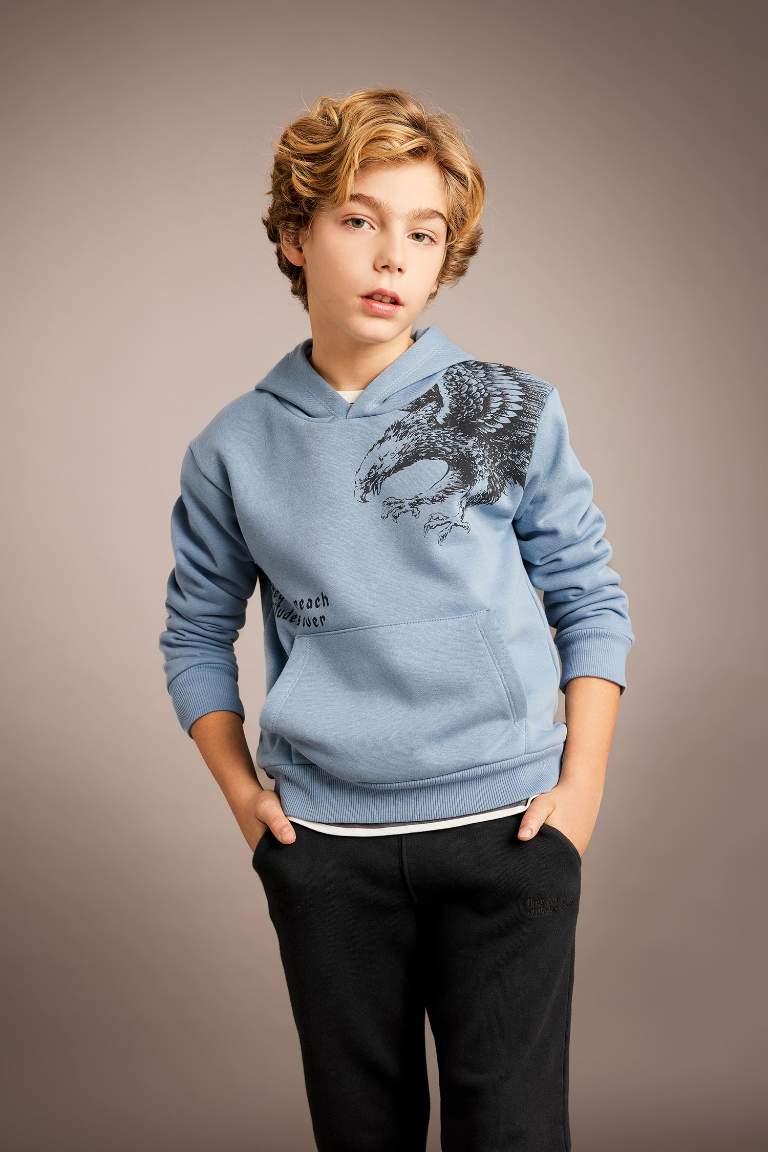 Erkek Çocuk Baskılı Kapüşonlu Kalın Sweatshirt