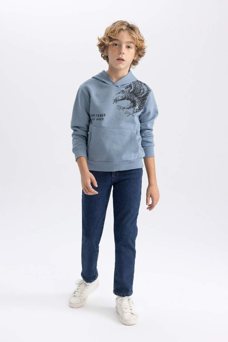 Erkek Çocuk Baskılı Kapüşonlu Kalın Sweatshirt