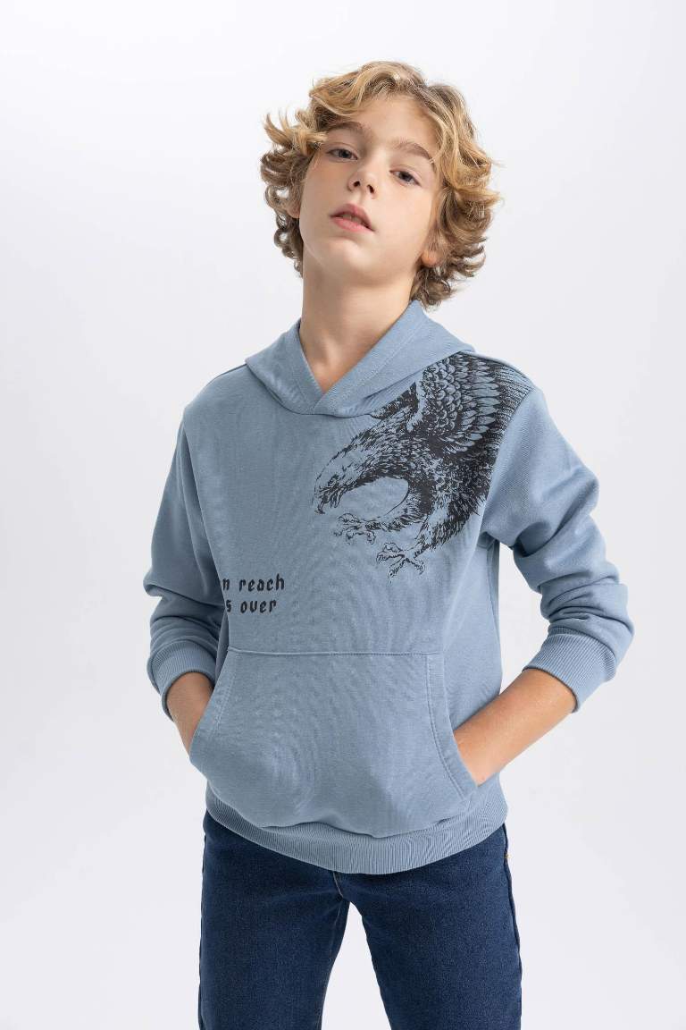 Erkek Çocuk Baskılı Kapüşonlu Kalın Sweatshirt