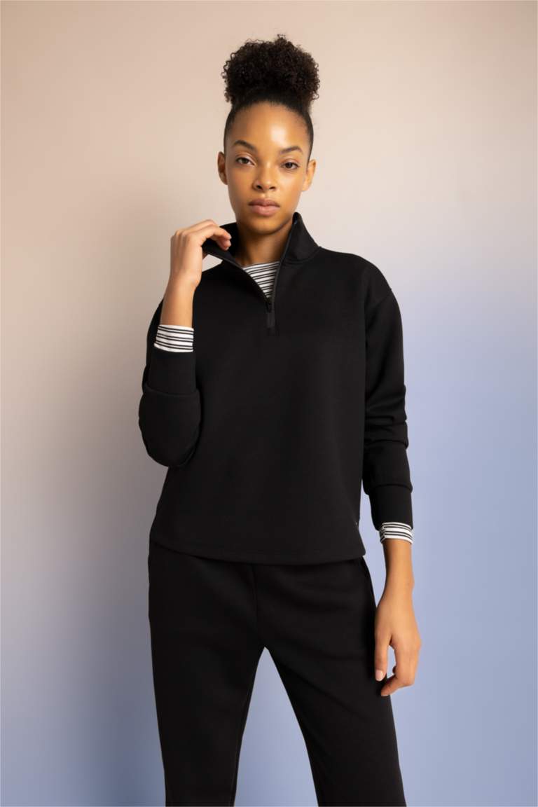 DeFactoFit Standart Fit Fermuarlı Dik Yaka Basic Düz Sporcu Sweatshirt