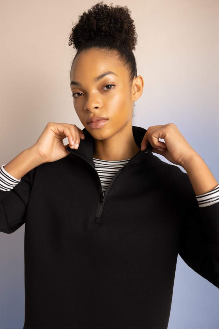 DeFactoFit Standart Fit Fermuarlı Dik Yaka Basic Düz Sporcu Sweatshirt