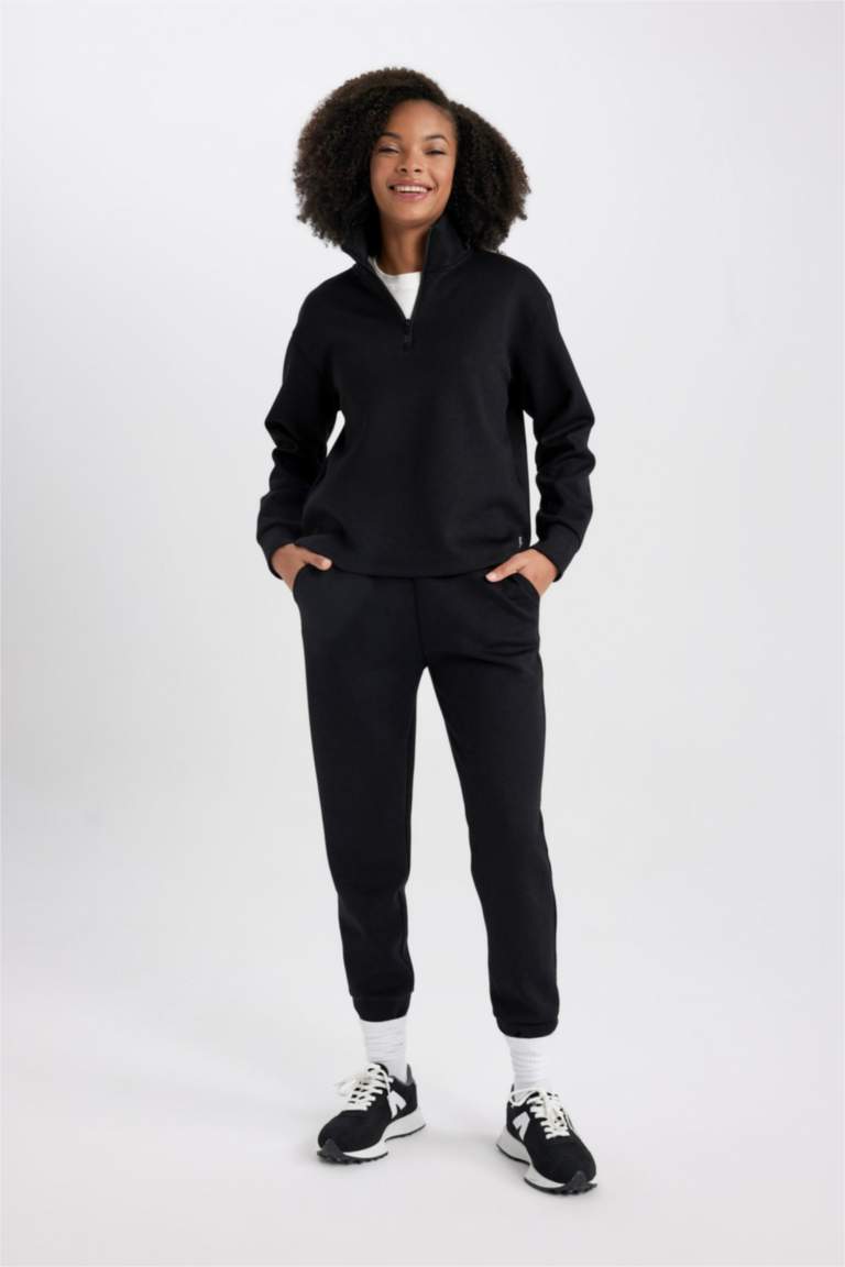 DeFactoFit Standart Fit Fermuarlı Dik Yaka Basic Düz Sporcu Sweatshirt