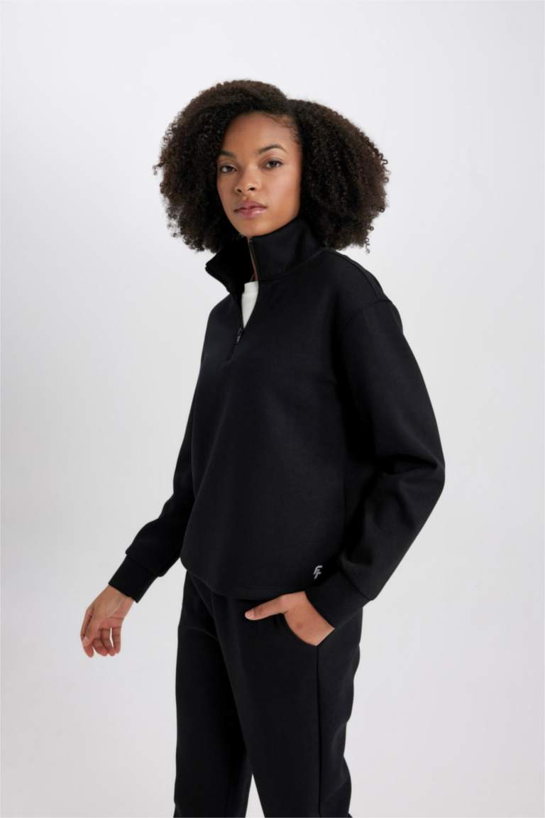 DeFactoFit Standart Fit Fermuarlı Dik Yaka Basic Düz Sporcu Sweatshirt