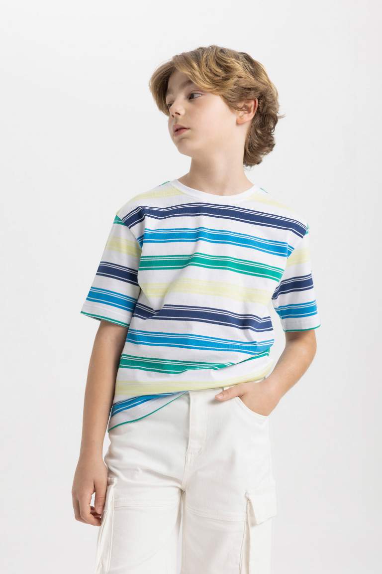 Boy Regular Fit Crew Neck Striped Flared Cotton T-Shirt