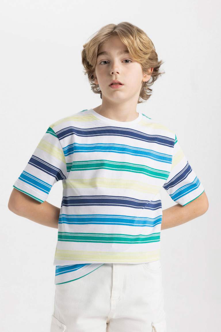 Boy Regular Fit Crew Neck Striped Flared Cotton T-Shirt