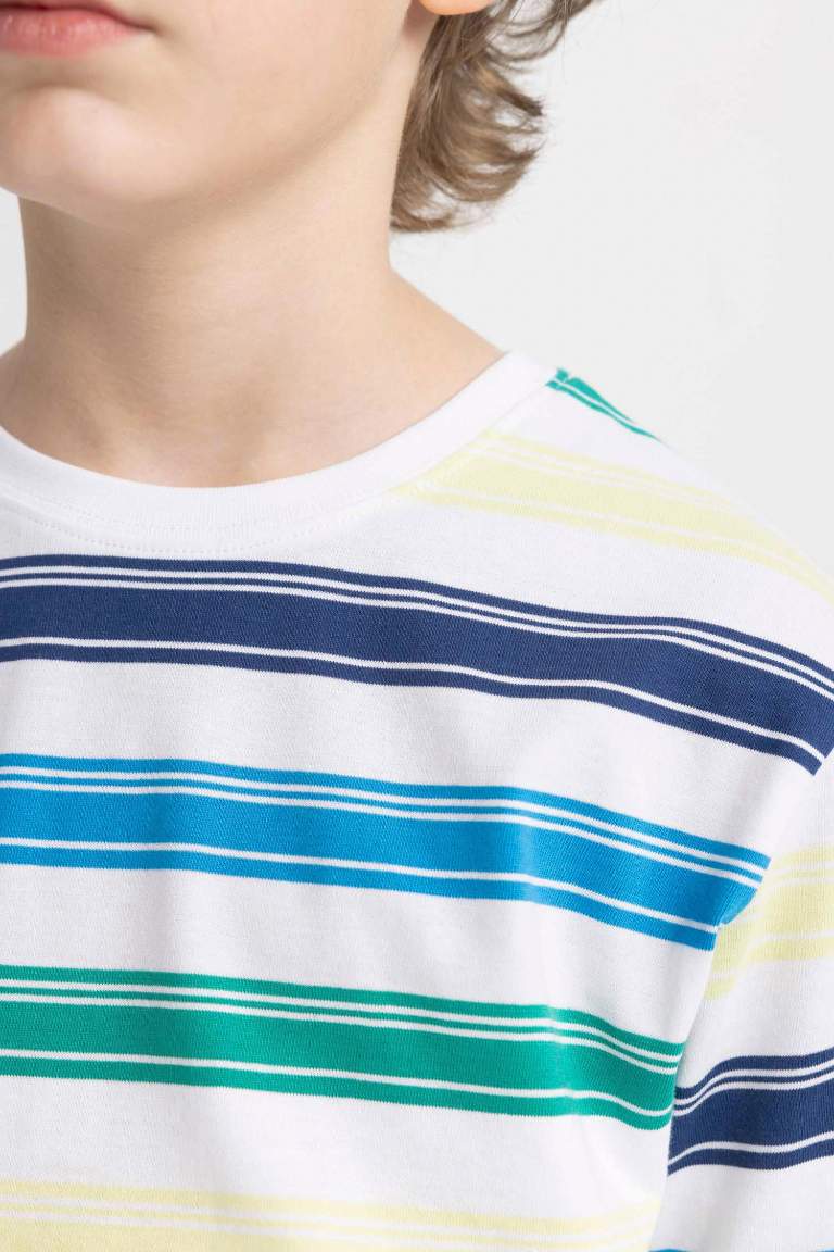 Boy Regular Fit Crew Neck Striped Flared Cotton T-Shirt