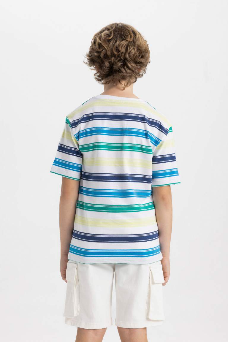 Boy Regular Fit Crew Neck Striped Flared Cotton T-Shirt